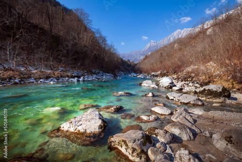 Emerald green River Soca near Kobarid in Slovenia