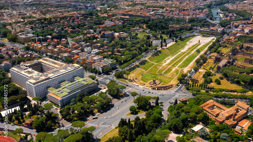 Photography Aerial view of Circus Maximus, an ancient Roman chariot-racing stadium and mass entertainment venue in Rome, Italy