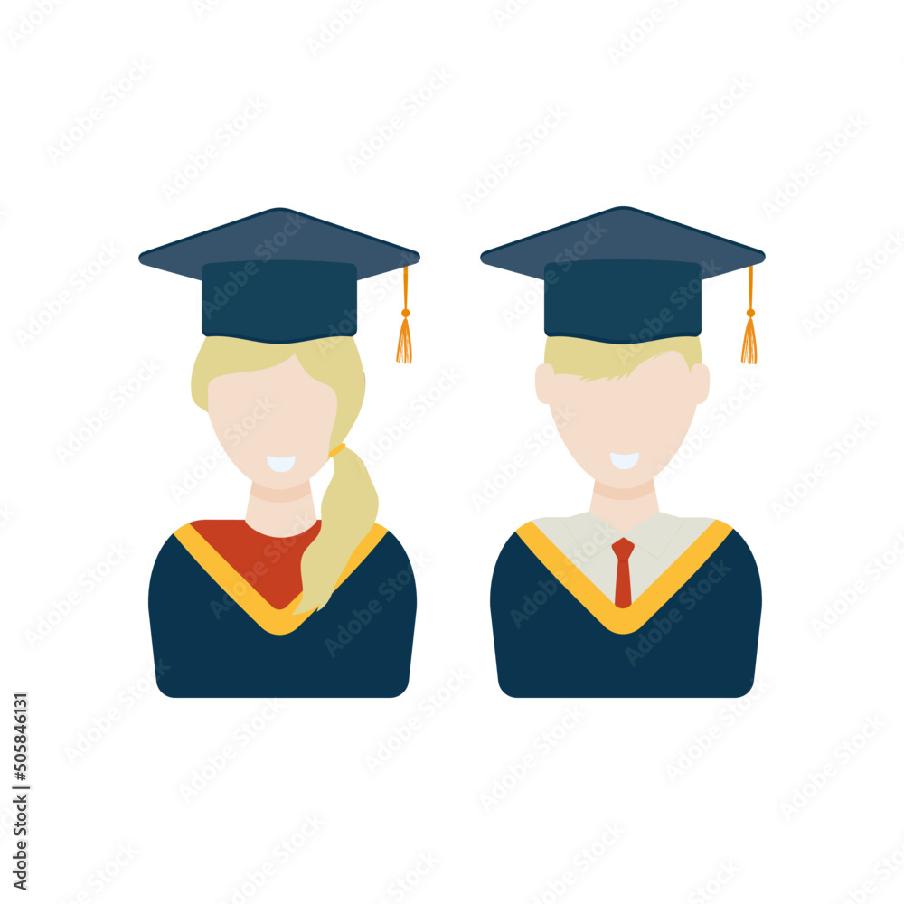 Students smiling on graduation day avatar, icon. Vector illustration. Flat style male and female, blond hair. Students smiling on graduation day avatar, icon. Vector illustration. Flat style male and female, blond hair.