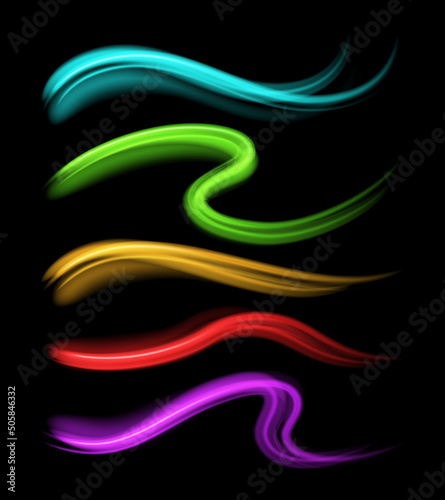 Abstract multicolor rainbow dynamic energy curved lines burning smooth texture collection realistic template vector illustration. Blazing futuristic stripes glow lightning fluid stream random flow