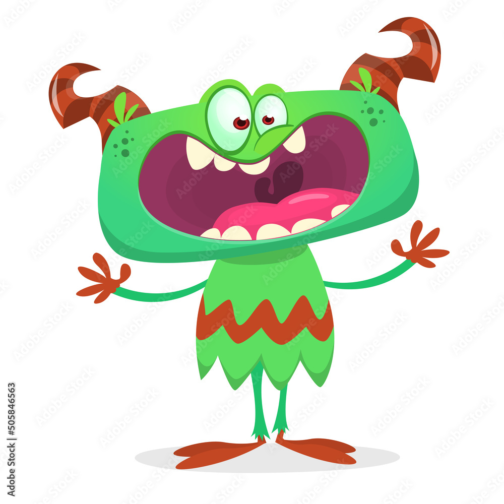 Fototapeta premium Funny cartoon smiling monster creature. Halloween Illustration of happy alien character. Vector isolated