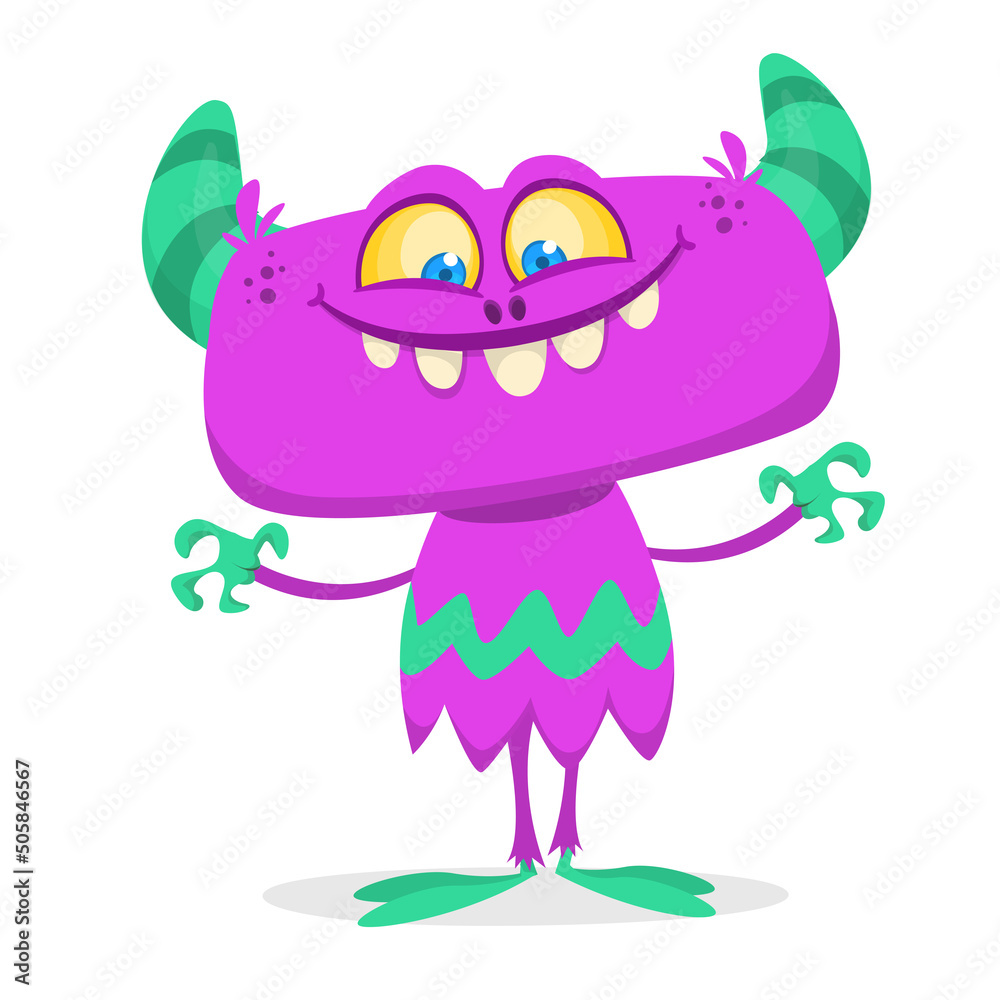 Fototapeta premium Funny cartoon smiling monster creature. Halloween Illustration of happy alien character. Vector isolated