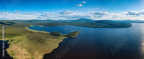 Southern Urals, Ural Mountains. Zyuratkul National Park, panorama of the Zyuratkul Lake. Aerial view.