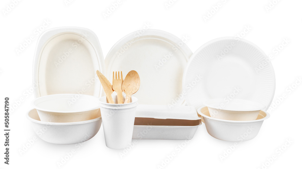 Unbleached plant fiber food box and paper cup isolated on white background, Save clipping path. Natural fiber eco food and drink packaging. Unbleached plant fiber food box and paper cup isolated on white background, Save clipping path. Natural fiber eco food and drink packaging.