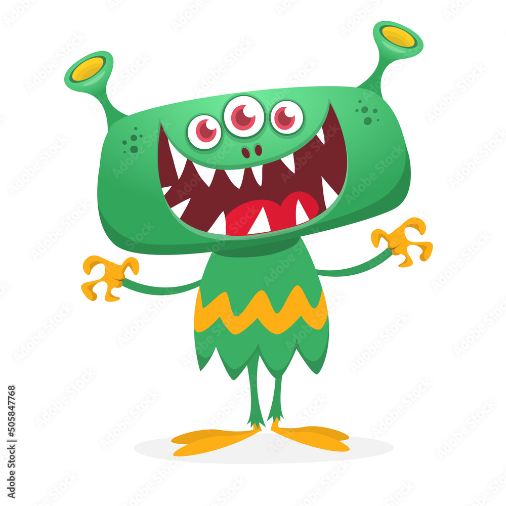Fototapeta premium Funny cartoon smiling monster creature. Halloween Illustration of happy alien character. Vector isolated