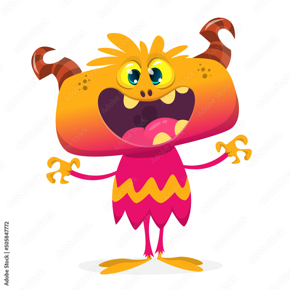 Funny cartoon smiling monster creature. Halloween Illustration of happy alien character. Vector isolated