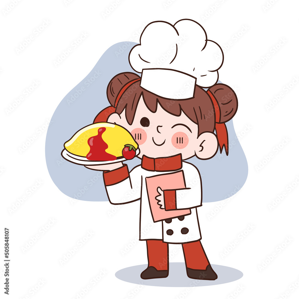 Cute young chef girl smiling and holding an omelette with rice.cartoon vector art illustration Cute young chef girl smiling and holding an omelette with rice.cartoon vector art illustration