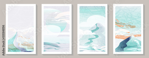 Travel to mountains wall art vector set. Landscapes of blue tones with mountain, cloud and sun on grunge texture. Abstract Plant Art design for print, cover, wallpaper, minimal and natural wall art.