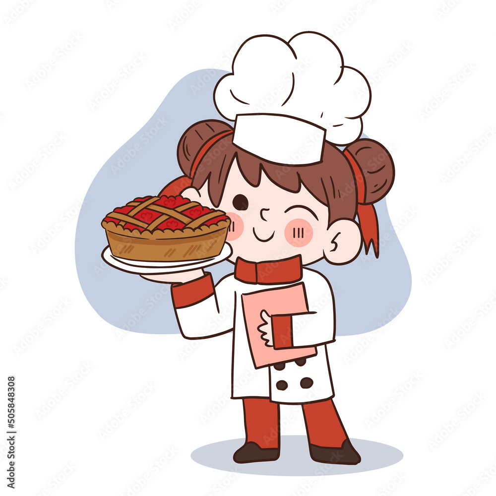 Cute young chef girl smiling and holding a strawberry pie.cartoon vector art illustration Cute young chef girl smiling and holding a strawberry pie.cartoon vector art illustration