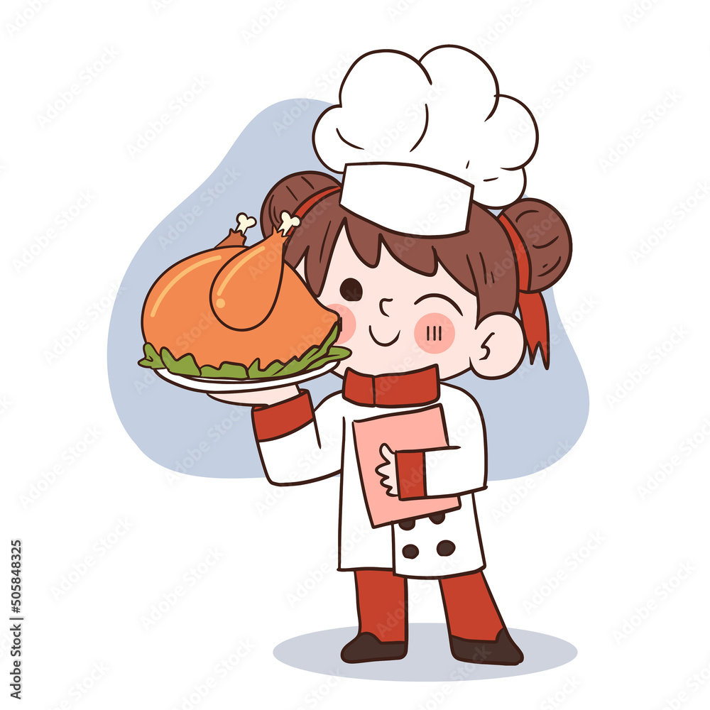 Cute young chef girl smiling and holding a roast chicken.cartoon vector art illustration Cute young chef girl smiling and holding a roast chicken.cartoon vector art illustration