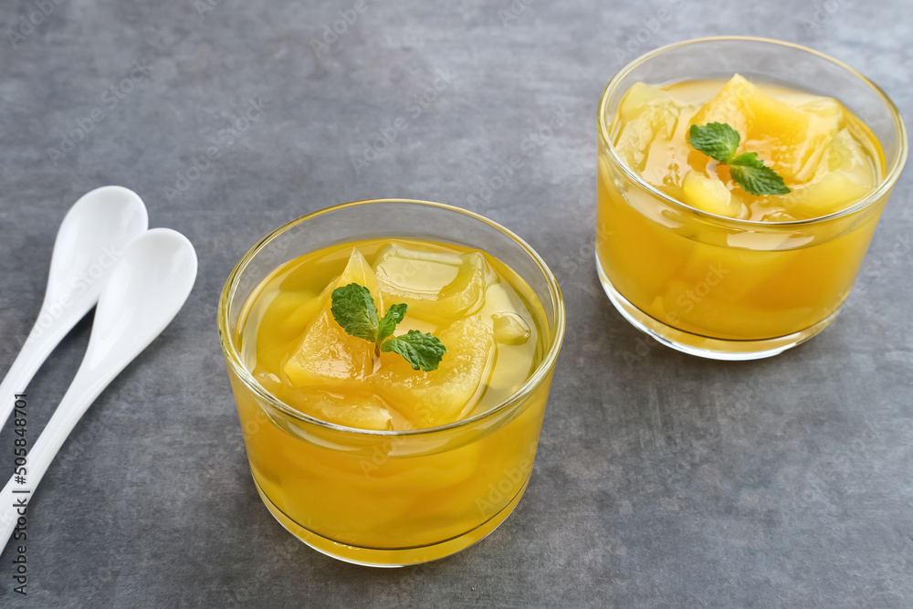 Carica or Manisan Carica, fruit preserved from mountain papaya. Indonesian drinks and desserts.
Carica or Manisan Carica, fruit preserved from mountain papaya. Indonesian drinks and desserts.