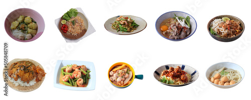 Thai food set on white background.Collection of food dishes