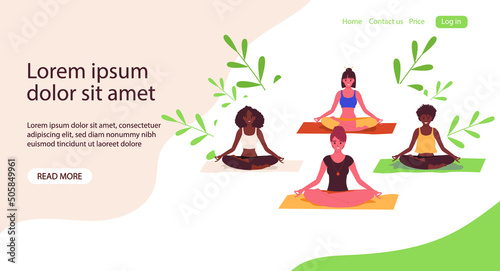 Group of women practicing yoga together. Women sitting in asana during yoga class. Vector illustration, banner or landing page
