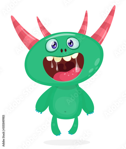 Funny cartoon smiling monster creature. Halloween Illustration of happy alien character. Vector isolated