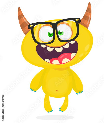Funny cartoon smiling monster creature. Halloween Illustration of happy alien character. Vector isolated