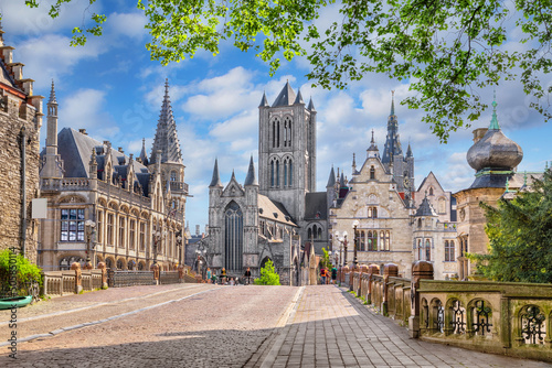 Ghent, Belgium. View of historic city center skyline in the morning photo