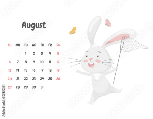 Calendar page for the month of August 2023 with a cute funny rabbit catching butterflies with a net. Adorable animal, a character in pastel colors. Children's calendar. Vector illustration on white.
