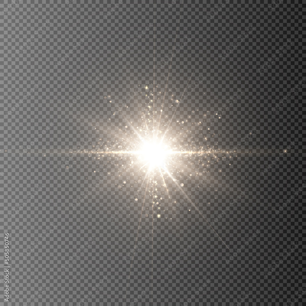 Light gold star. Light golden shimmer. Flash of sunlight. Bright sun. Vector