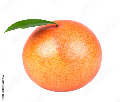 Pink grapefruit isolated on white background. Fresh grapefruit with green leaves.
