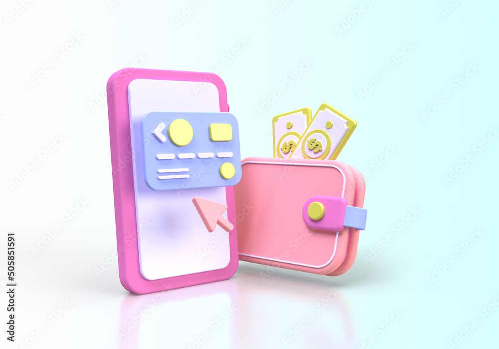 Money wallet with mobile phone or smartphone concept illustration Landing page template for background Money wallet with mobile phone or smartphone concept illustration Landing page template for background