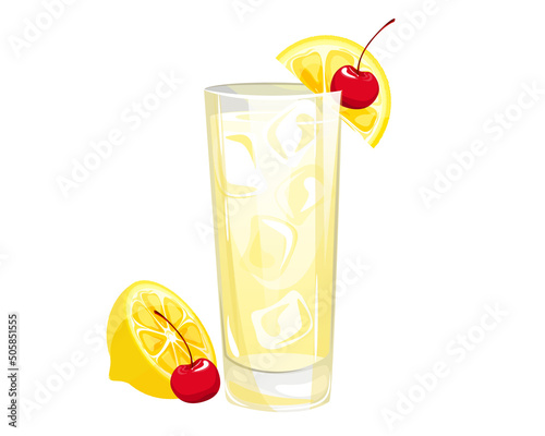 Classic Tom Collins cocktail.Refreshing summer drink with lemon, cherry and ice.