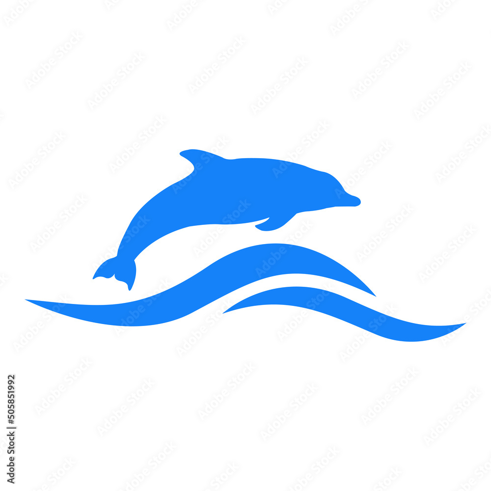 Obraz premium Logo oceáno con olas y silueta de delfin en color azul
