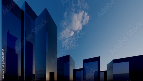 Architecture background exterior of modern glass skyscrapers 3d render