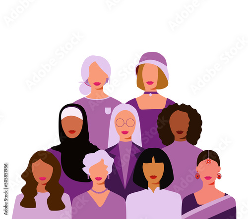 Happy women's day card with Five women of different ethnicities and cultures stand side by side together. Strong and brave girls support each other. Sisterhood and females friendship.Multi-ethnic 