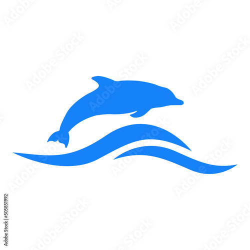 Logo oceáno con olas y silueta de delfin en color azul