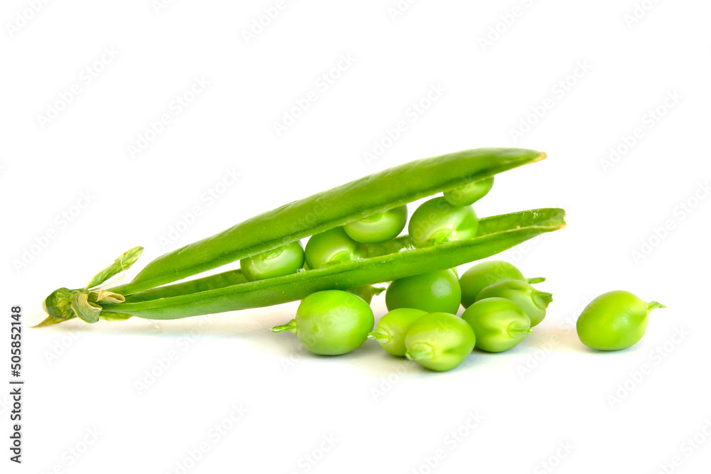 Fresh green peas isolated on white background.