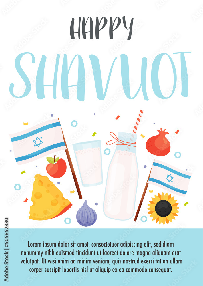 Happy Shavuot day greeting card flyer concept. Translation from Hebrew text - Happy Shavuot. Vector illustration Happy Shavuot day greeting card flyer concept. Translation from Hebrew text - Happy Shavuot. Vector illustration