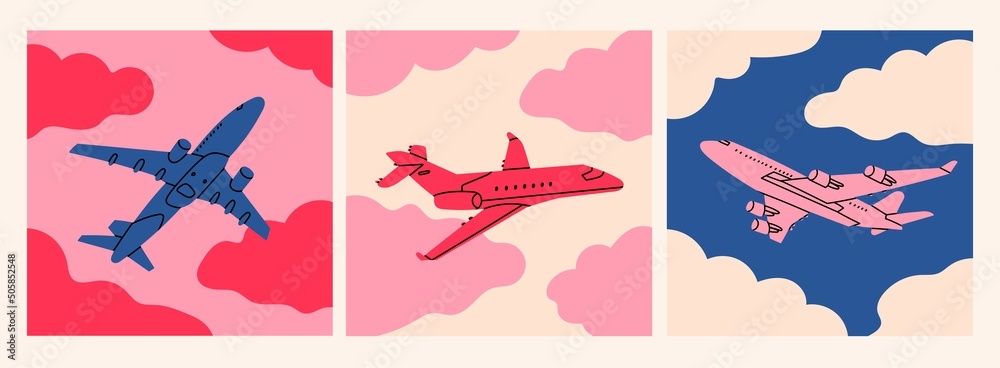 Airplane flying in the cloudy sky. Pink, blue colors. Passenger plane. Vacation, fast travel, transportation concept. Hand drawn Vector illustrations. Set of three cards. Icon, logo, poster templates - obrazy, fototapety, plakaty 