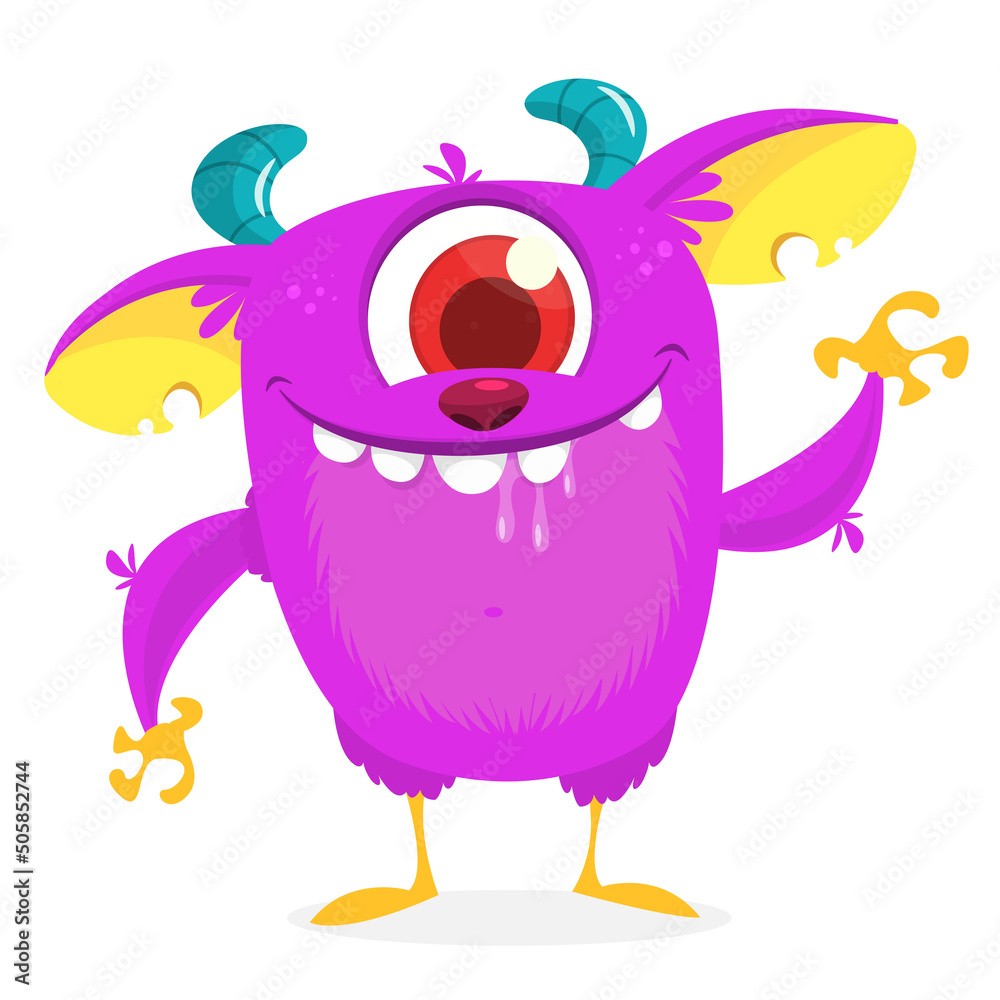 Funny cartoon smiling monster creature. Halloween Illustration of happy alien character. Vector isolated Funny cartoon smiling monster creature. Halloween Illustration of happy alien character. Vector isolated