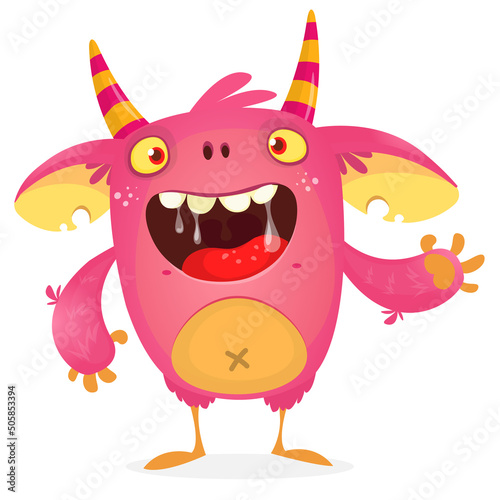 Funny cartoon smiling monster creature. Halloween Illustration of happy alien character. Vector isolated