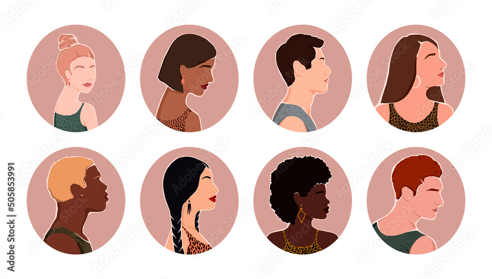 Set of icons with group of diverse people from different ethnic backgrounds are standing together. all people are equal. flat illustration. Set of icons with group of diverse people from different ethnic backgrounds are standing together. all people are equal. flat illustration.