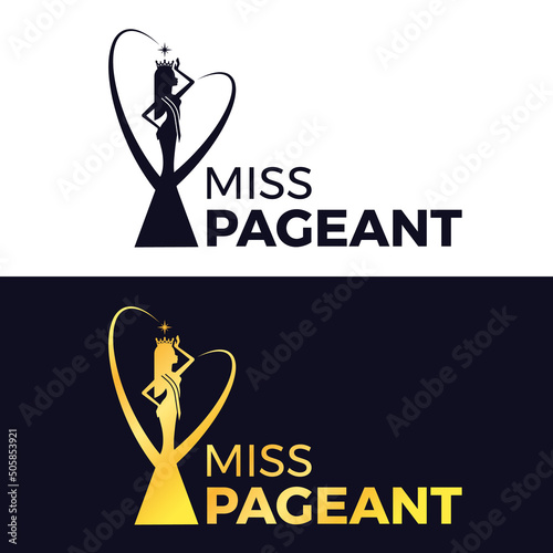 miss pageant logo - black and gold The beauty queen pageant long hair holding above a head the crown stand between line curve cross around bottom side vector design