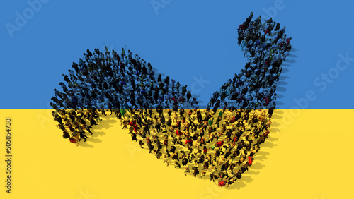 Concept or conceptual community of people forming the image of a strong arm on Ukrainian flag.  A 3d illustration metaphor for resistance, power, resilience,  fighting spirit and endureance photo