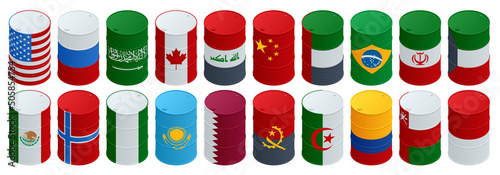 Isometric Organization of the Petroleum Exporting Countries, OPEC. Oil production. Oil barrels in color of flags of countries memebers of OPEC photo