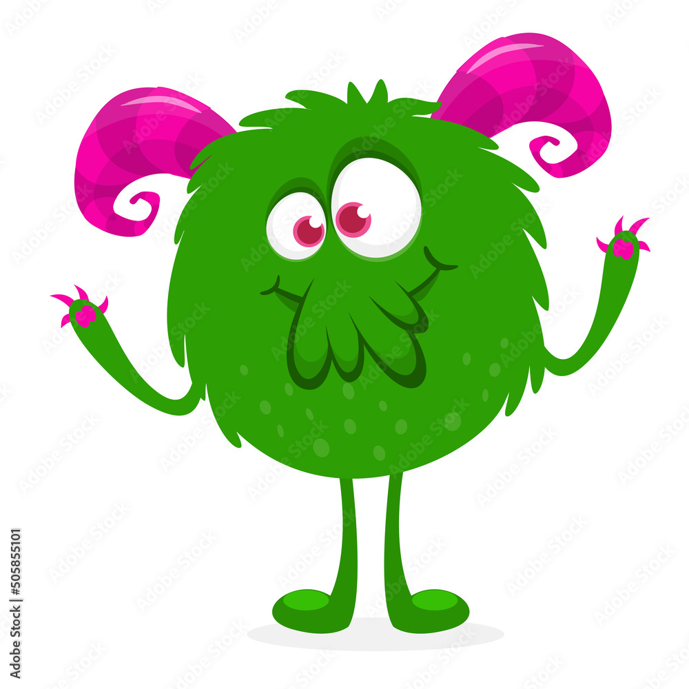 Fototapeta premium Funny cartoon smiling monster creature. Halloween Illustration of happy alien character. Vector isolated