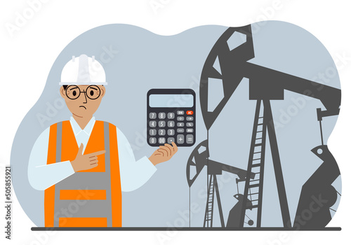 A male refinery engineer worker uses a tableted oil pumping unit. Energy industrial zone, oil drilling.