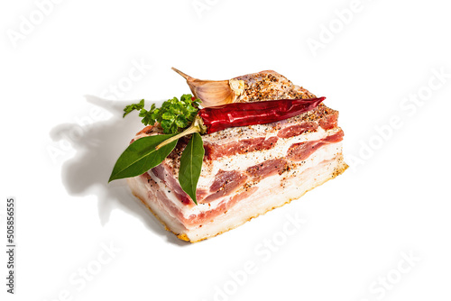 Raw pork belly with rind, peritoneum meat isolated on white background