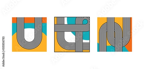 Set of three Abstract Backgrounds. Colorful modern Posters or cards. Round shapes, Lines, Curves. Geometrical Design. Minimalistic trendy concept. Square isolated Patterns. Every poster is isolated