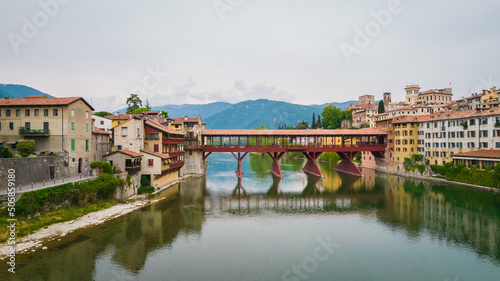 Aerial View of the Alpini Bridge with the Brenta River in Bassano del Grappa, Vicenza, Veneto, Italy, Europe
