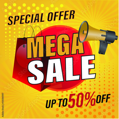 Special offer mega sale banner, up to 50 percentage off. Vector illustration