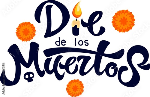 Dia de los Muertos, day of the Dead spanish text lettering vector illustration, vector calligraphy text with orange flowers on white background 