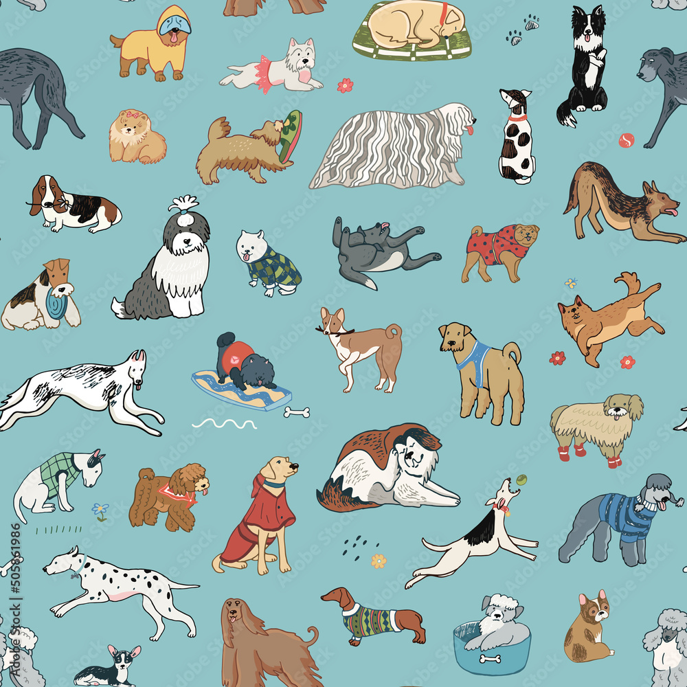 Dogs funny pets vector seamless pattern