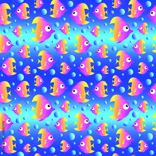 Colorful cartoon fish on bright blue background seamless pattern. Vector illustration.