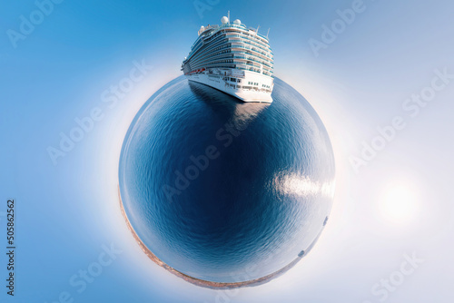 Cruise passenger ship on top of little planet. Spherical panorama