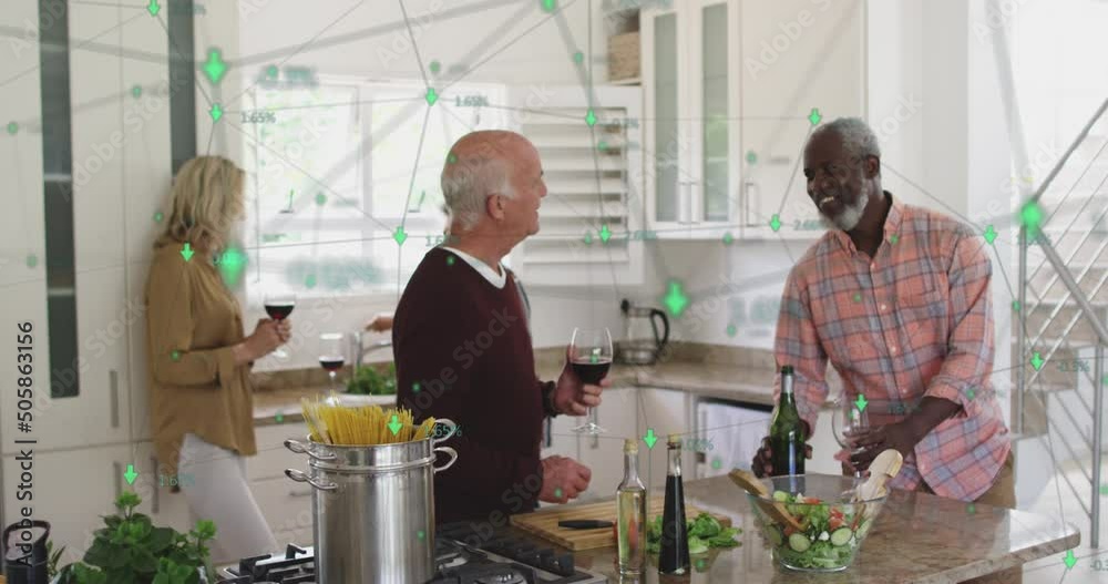 Animation of data processing over diverse group of seniors cooking Animation of data processing over diverse group of seniors cooking