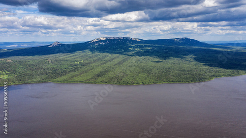 Southern Urals, Ural Mountains. Zyuratkul National Park, Zyuratkul Lake. Aerial view.